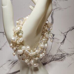 White Pearl Stretch Gold Tone Wire Bracelet